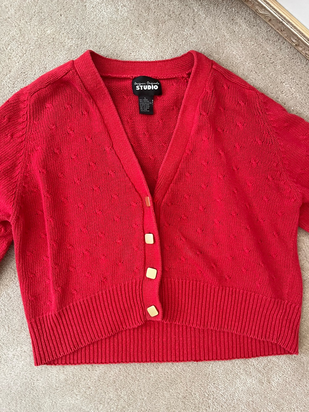 Women’s Red V-Neck with Gold Button Detail Cardigan Sweater